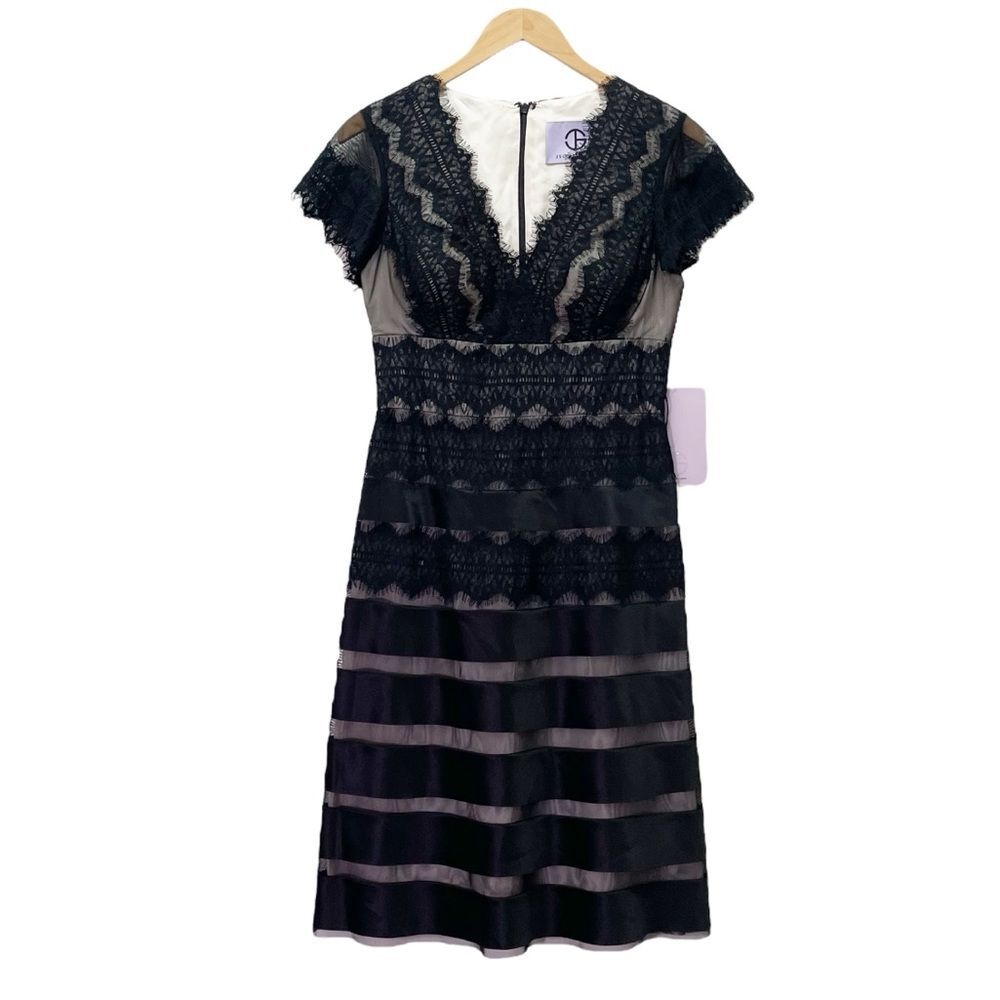 NWT JS Collections Black Nude Lace Illusion Midi Dress Sheer Stripe Size 6 NEW - Picture 2 of 13